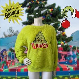 WOMENS GRINCH FUZZY GREEN EMBROIDERED HOLIDAY CHRISTMAS SWEATER SIZE SMALL